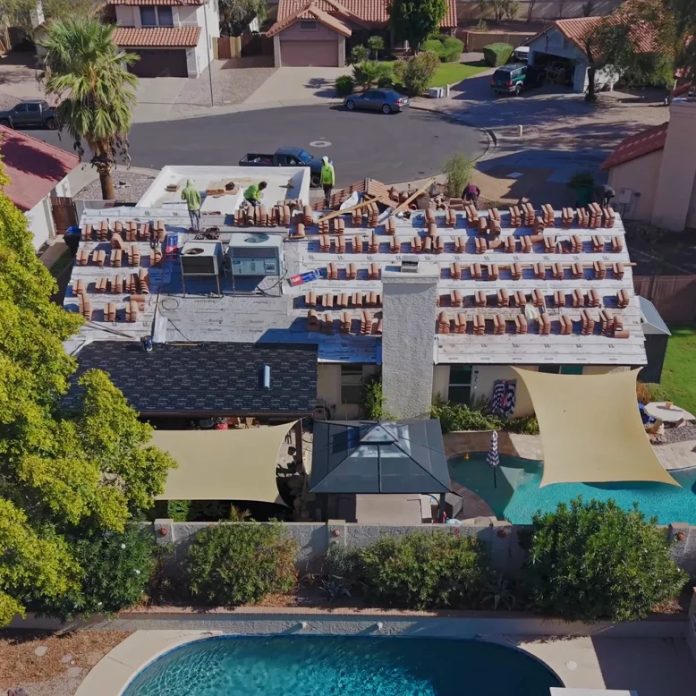 Drone view of a roof on a Restoration X job